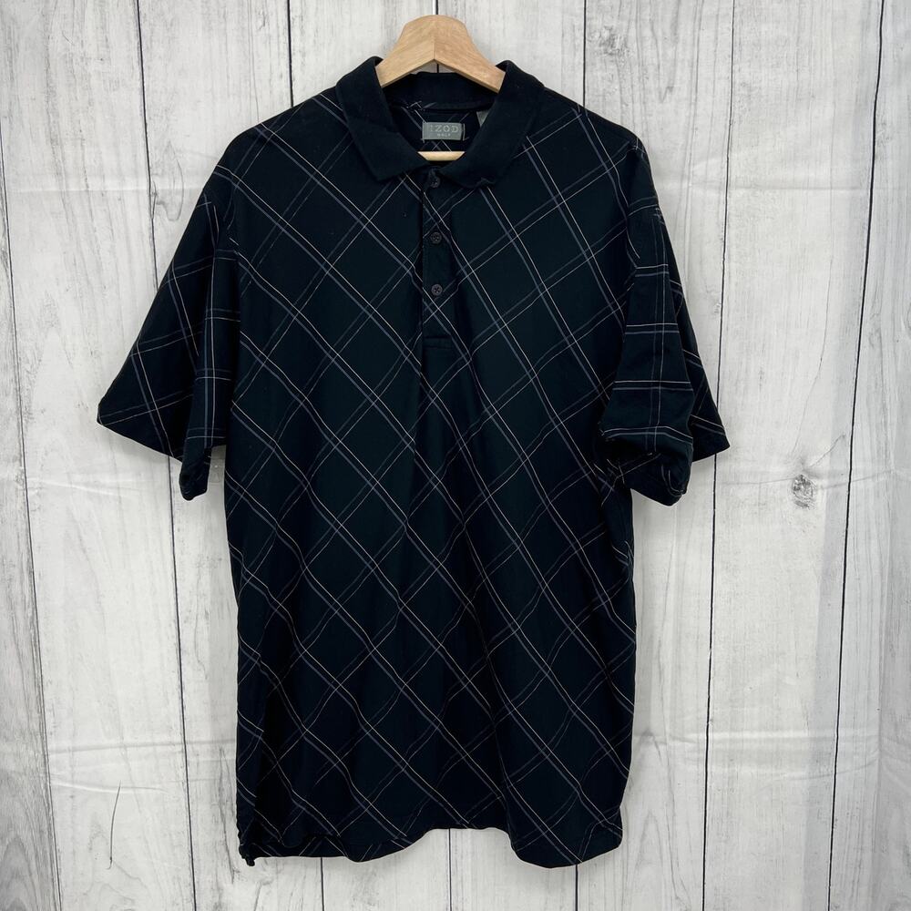 IZOD XL Y2K Black Blue Plaid Polo Shirt Short Sleeve Golf